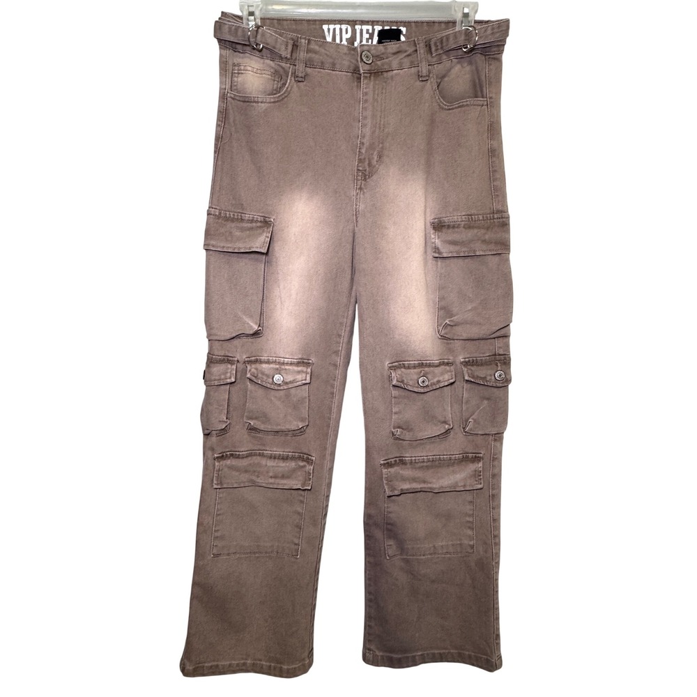 VIP Jeans Brown Cargo Pants Wide Leg Multi Pocket Side Buckle Size 13/31